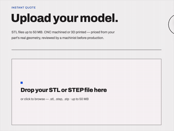 Uploading a 3D model on the quote page — drop the file, watch it scan, get a price