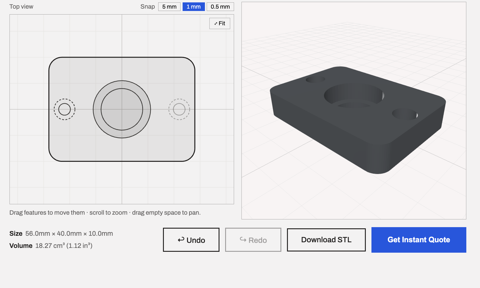 Part designer — a bearing block modeled in the browser, top view beside the 3D preview